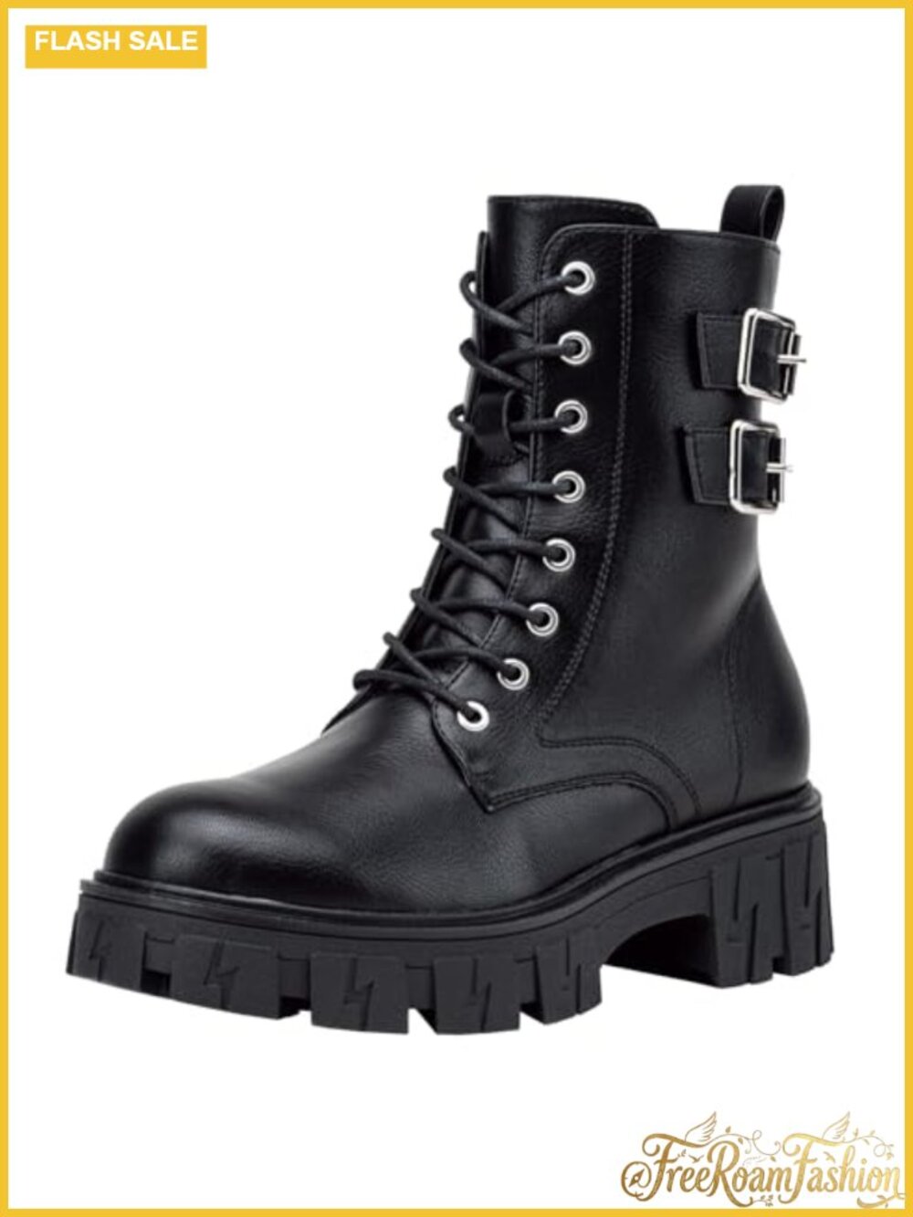 Combat Boots Lace-Up Platform Ankle Booties Chunky Heel Side Zipper